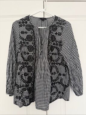 JCrew Black & White Gingham Embroidered Women's Top